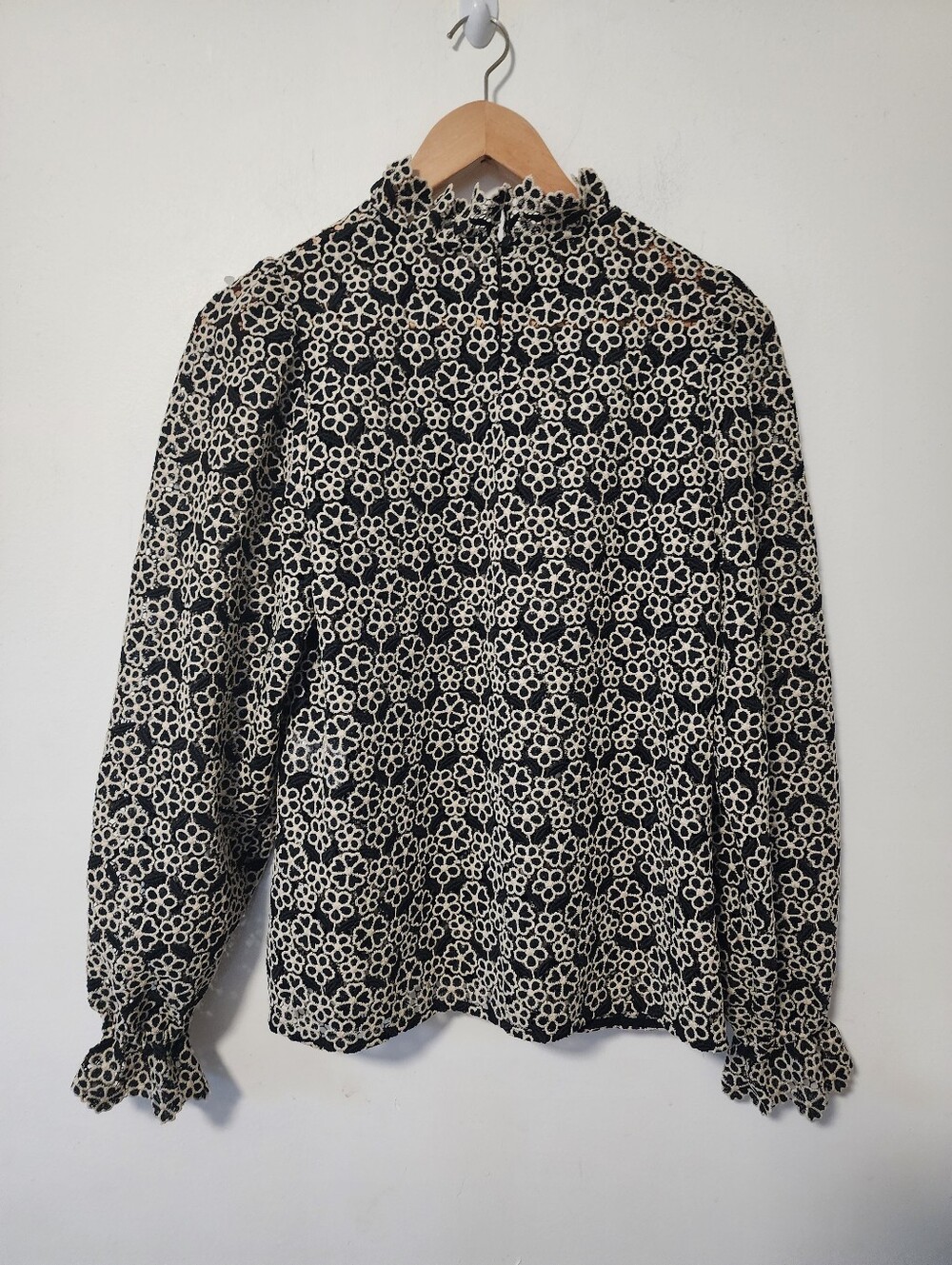 Sezane Black and Cream Floral Ruffle-Neck Blouse - Picture 8 of 8